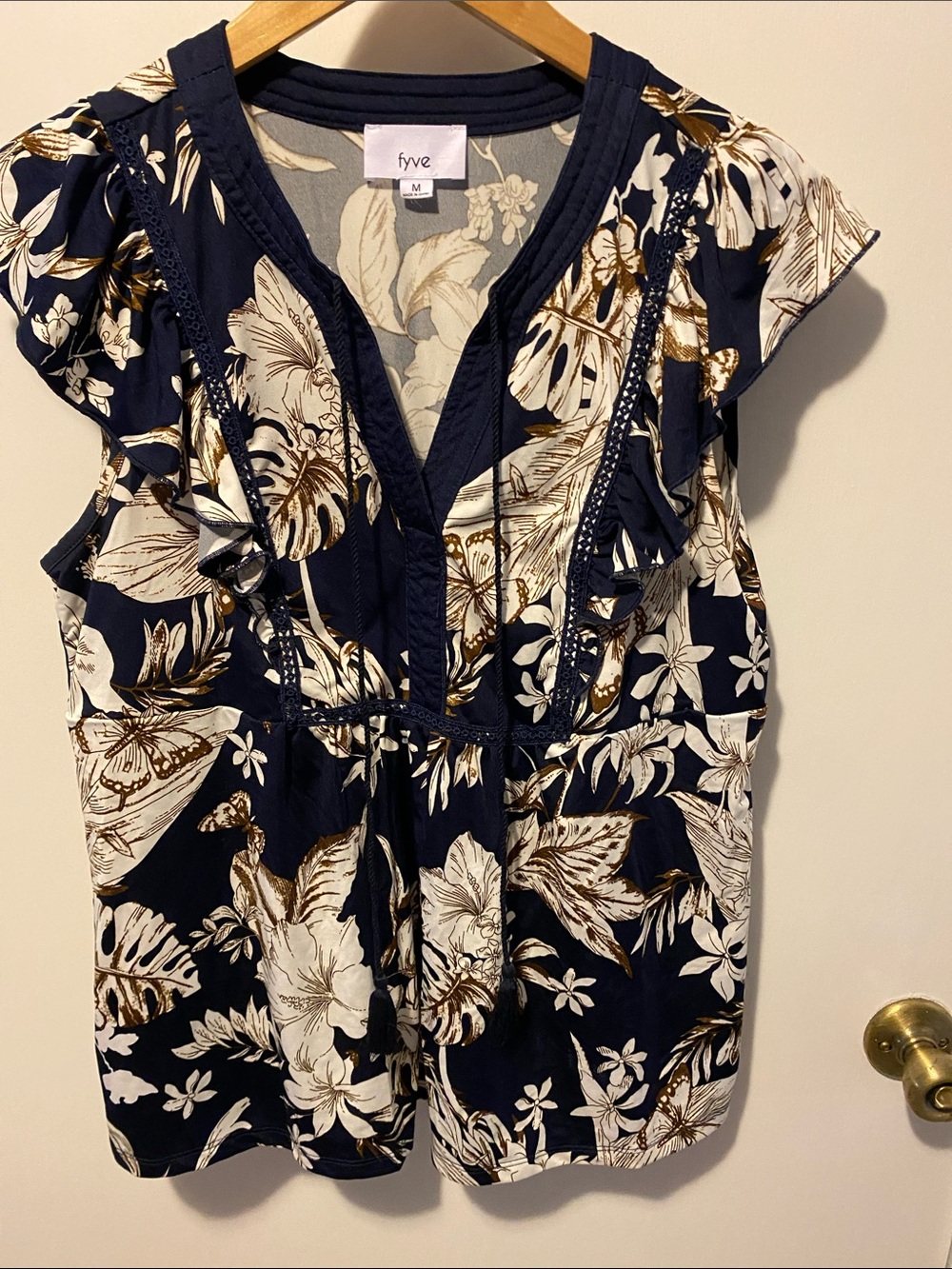 fyve Navy Floral Flutter-Sleeve V-Neck Blouse